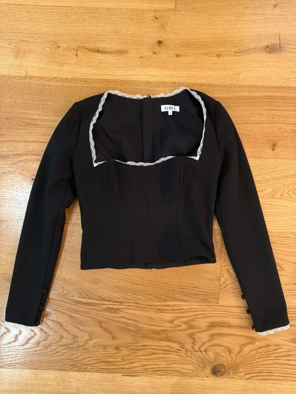 REVOLVE Black Cropped Long-Sleeve Top with White Lace Trim